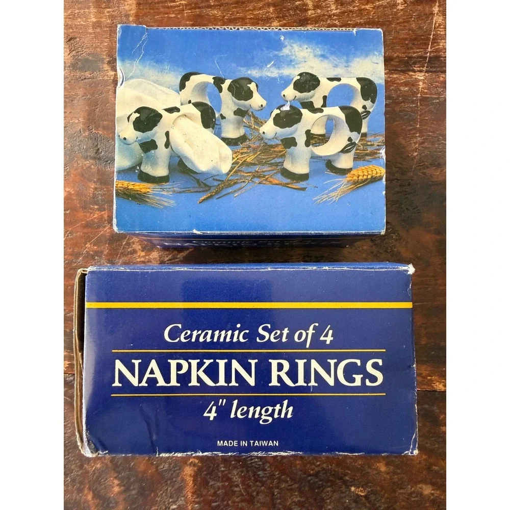 Boston Warehouse Cow Napkin Rings Set of 8 Ceramic Farmcore 1993 4in Black White